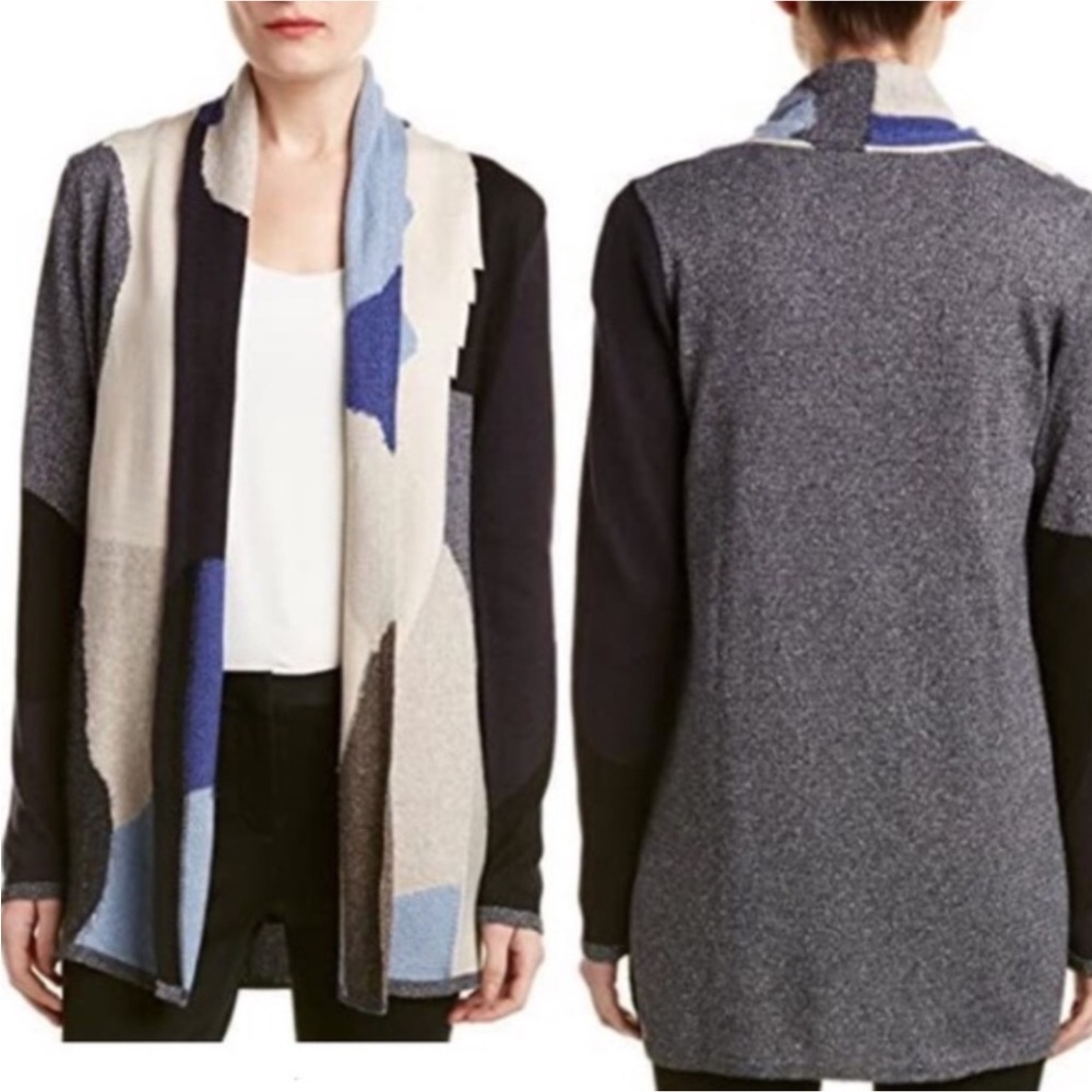 Nic + Zoe Textured Colorblock Open Cardigan Sweater Blue/Gray